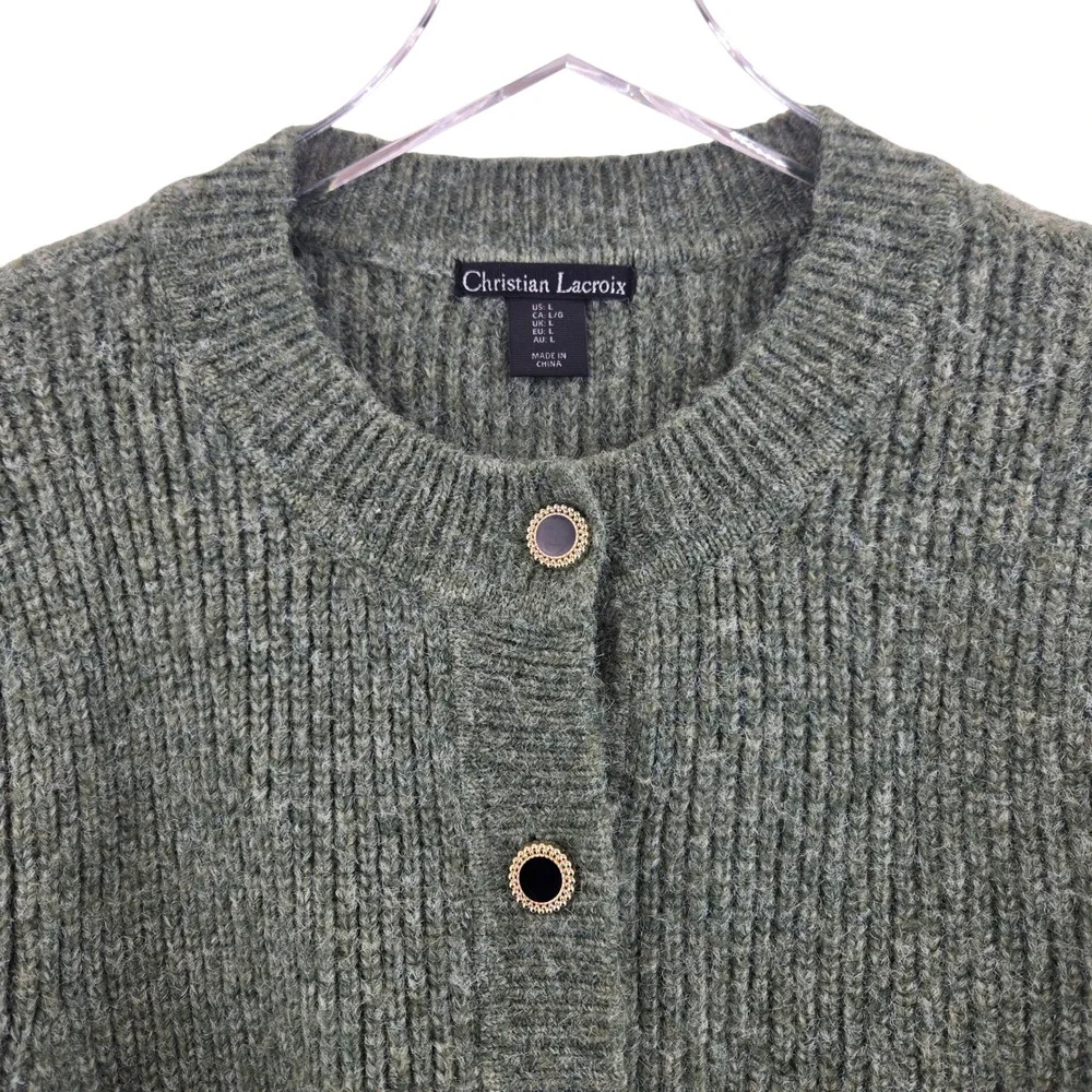 Christian Lacroix Womens Sage Green Ribbed Knit Cropped Cardigan‎ Sweater Large
